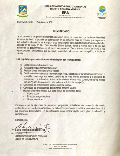 El EPA Buenaventura invita a los interesados a inscribirse o renovar sus datos y formatos en el Banco de Proyectos de la institución.